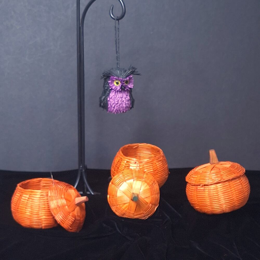 Mini Wicker Pumpkin Baskets & Purple Owl Halloween Thanksgiving Décor 4 Pieces